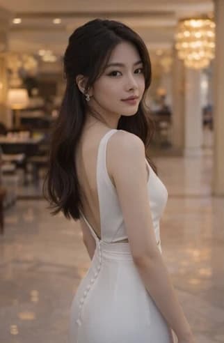 Raiya in a white dress turning toward the camera beneath chandelier light.