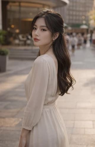 Raiya standing against a sunset skyline in a black dress.