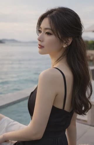 Raiya in a black dress against a sunset skyline.